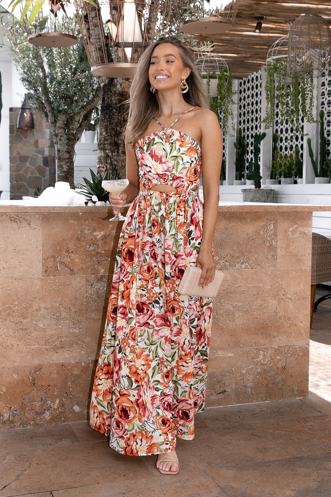 Orange Red Floral Halter Maxi Dress Orange Red Floral Halter Maxi Dress — Floral Dress