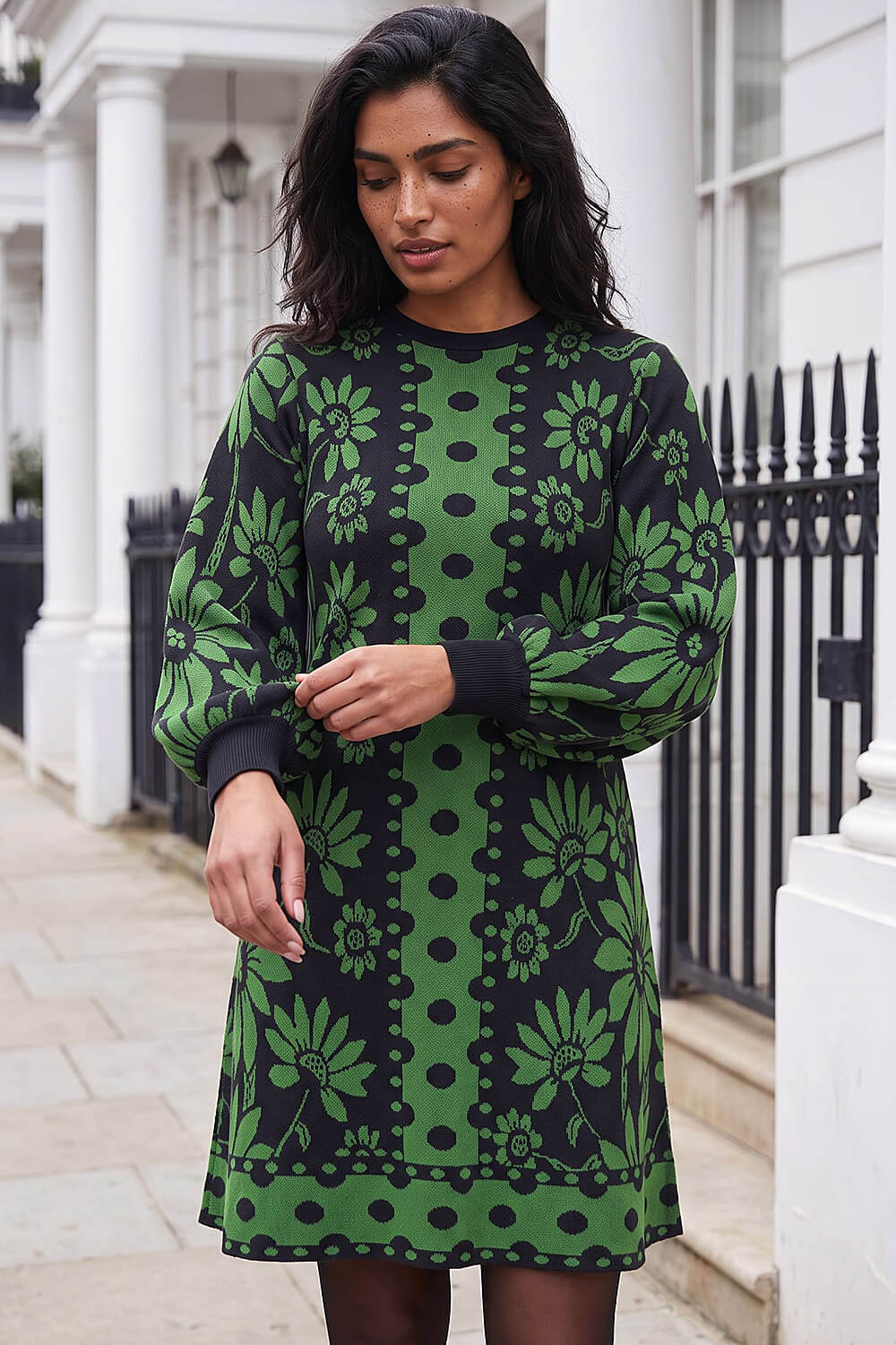 Green Black Knit Dress With Graphic Floral Pattern Green Black Knit Dress With Graphic Floral Pattern — Floral Dress