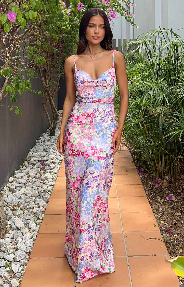 Yellow Pink Blue Floral Maxi Dress With Cowl Neck Yellow Pink Blue Floral Maxi Dress With Cowl Neck — Floral Dress