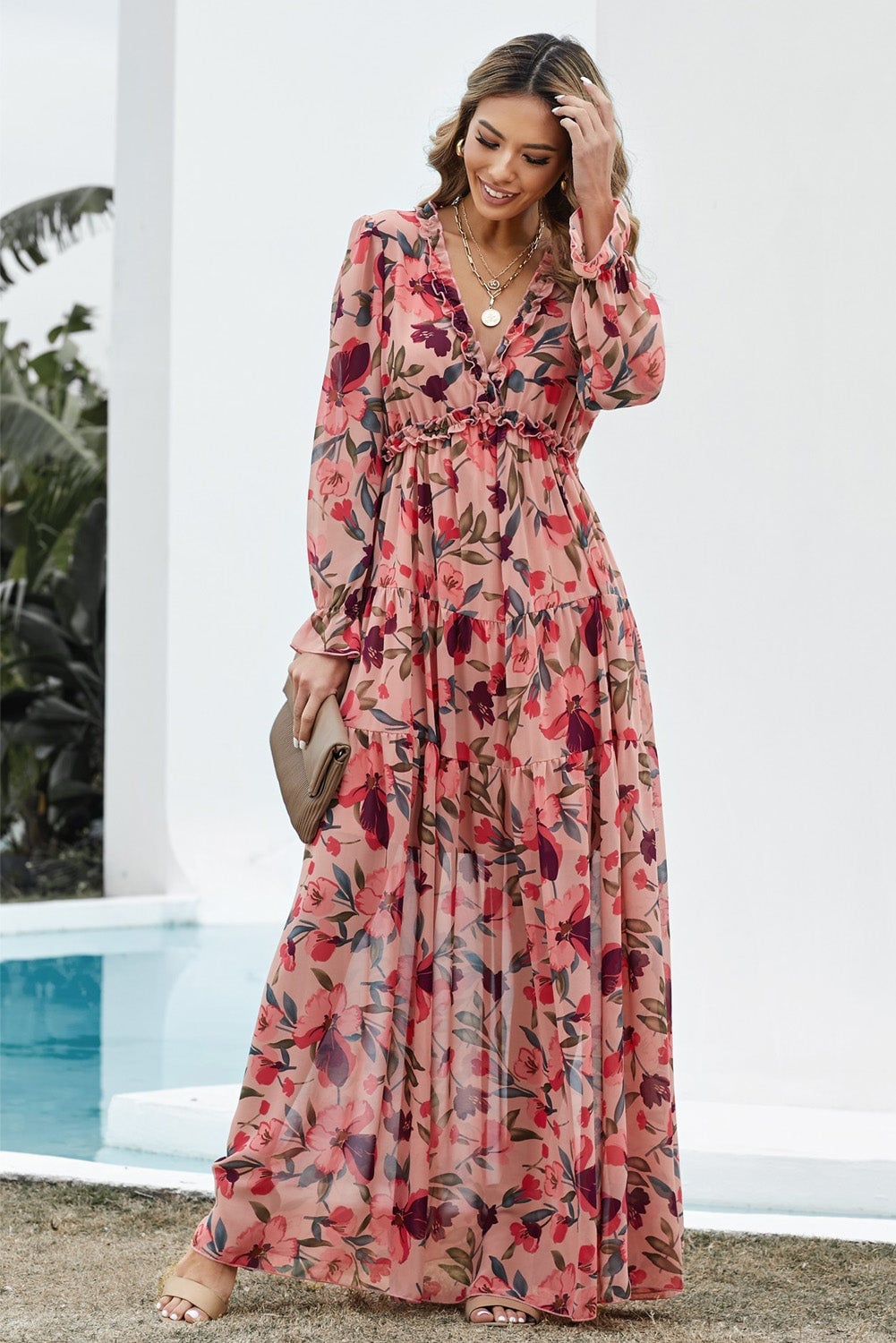 Pink Chiffon Maxi Dress With Tiered Skirt, Wedge Sandals Pink Chiffon Maxi Dress With Tiered Skirt, Wedge Sandals — Floral Dress