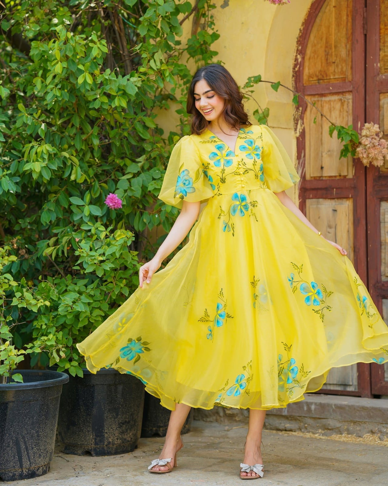 Yellow Organza Dress With Handpainted Florals Yellow Organza Dress With Handpainted Florals — Floral Dress