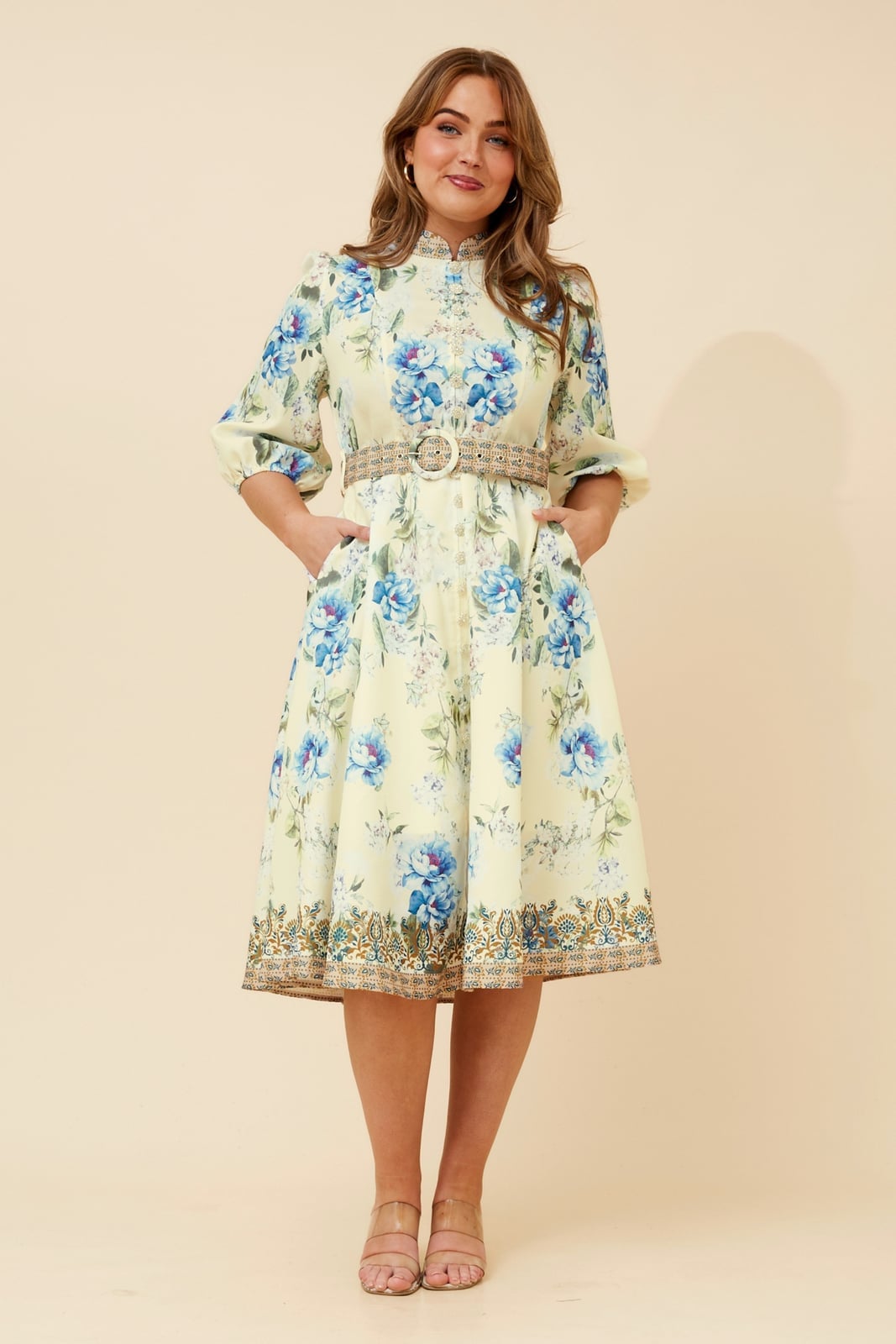 Pale Yellow Floral Midi Dress With Contrasting Border Pale Yellow Floral Midi Dress With Contrasting Border — Floral Dress