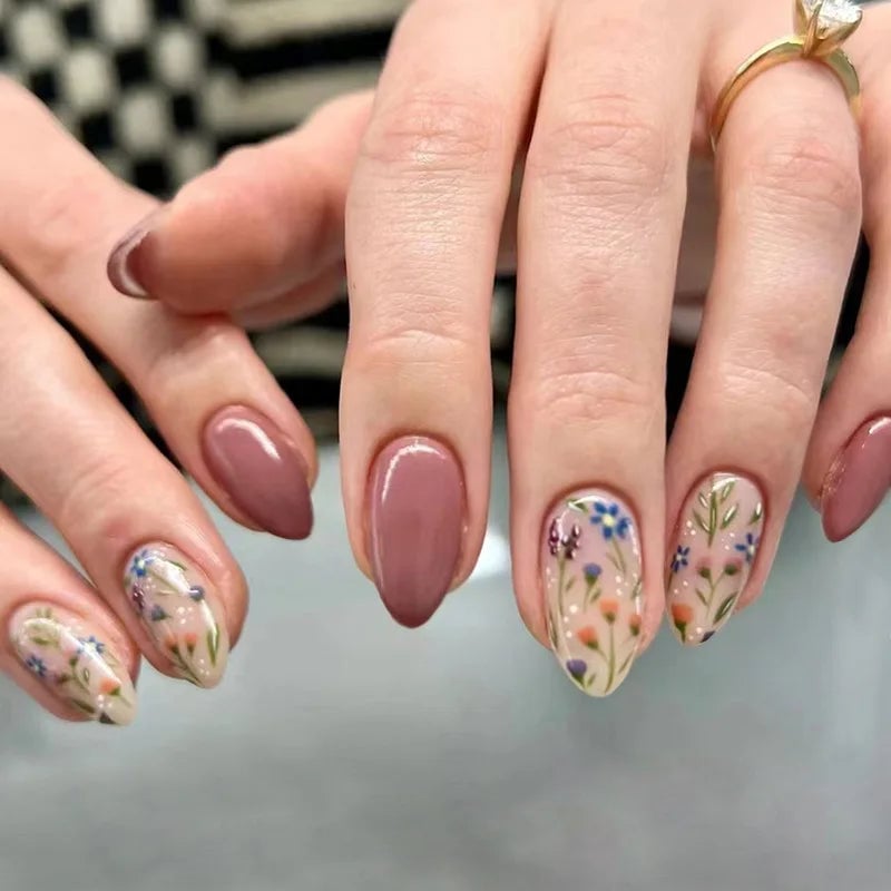 Mauve and Scattered Floral Medium Almond Nails Mauve and Scattered Floral Medium Almond Nails — Floral Nails