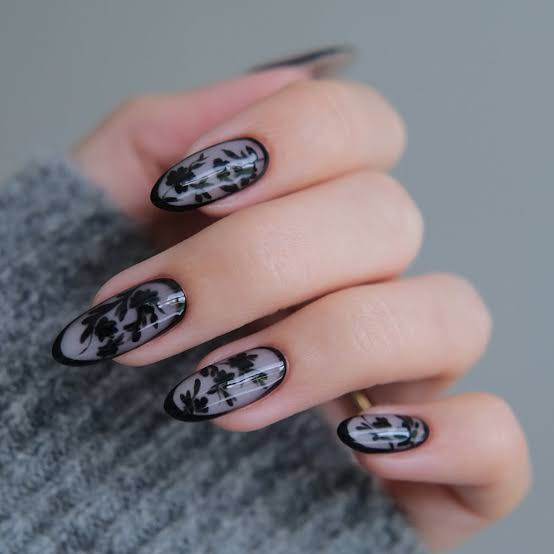 Black Floral Lace Long Almond Nails Black Floral Lace Long Almond Nails — Floral Nails