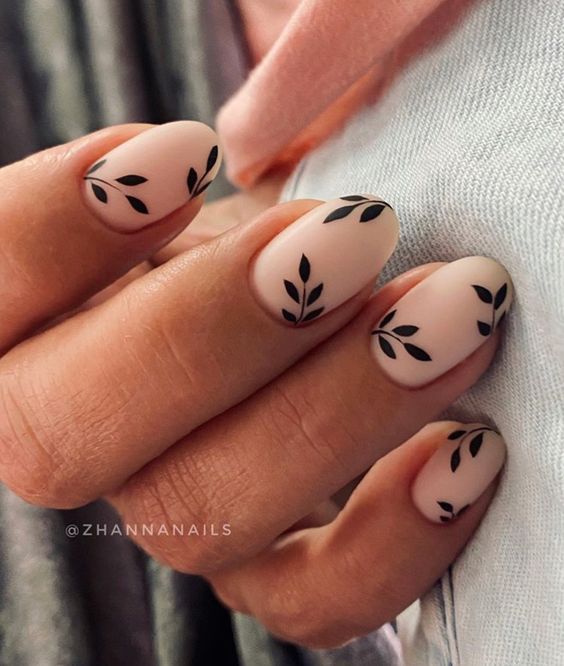Minimalist Black Leaf Motifs Medium Oval Nails Minimalist Black Leaf Motifs Medium Oval Nails — Floral Nails