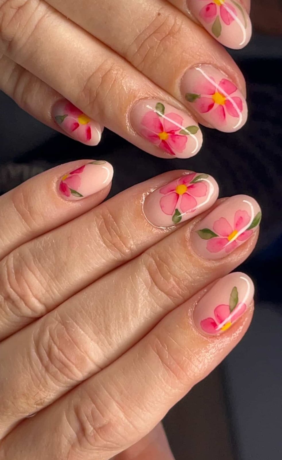 Watercolor Pink Floral Sheer Nude Oval Nails Watercolor Pink Floral Sheer Nude Oval Nails — Floral Nails