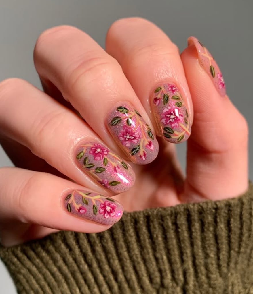 Floral Vines Shimmer Pink Oval Nails Floral Vines Shimmer Pink Oval Nails — Floral Nails