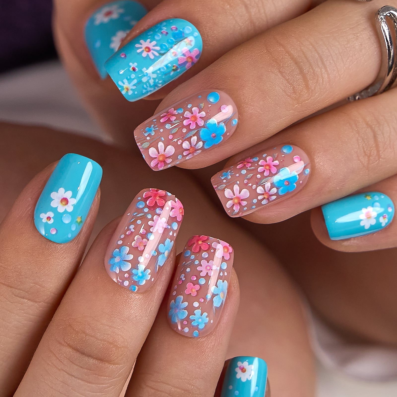 Mixed Blue And Floral Squoval Nails Mixed Blue And Floral Squoval Nails — Floral Nails