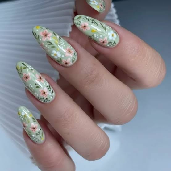All-Over Floral Pattern Long Almond Nails All-Over Floral Pattern Long Almond Nails — Floral Nails