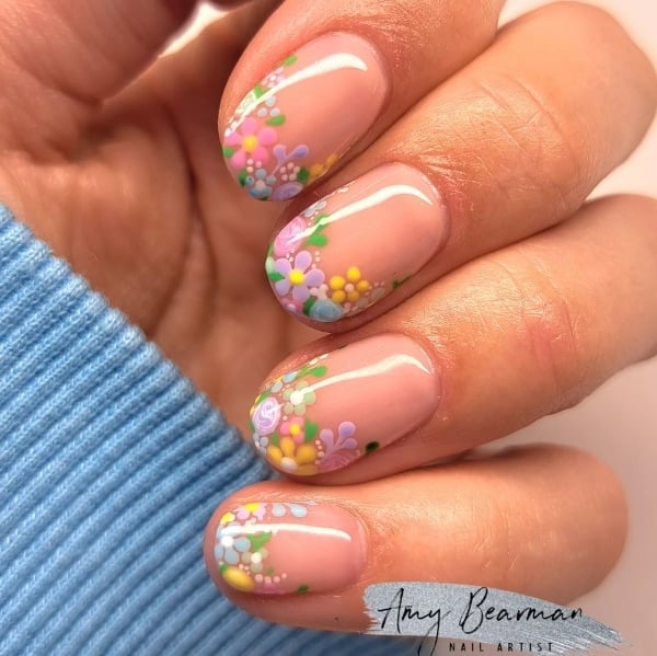 Cuticle Line Florals Short Almond Nails Cuticle Line Florals Short Almond Nails — Floral Nails