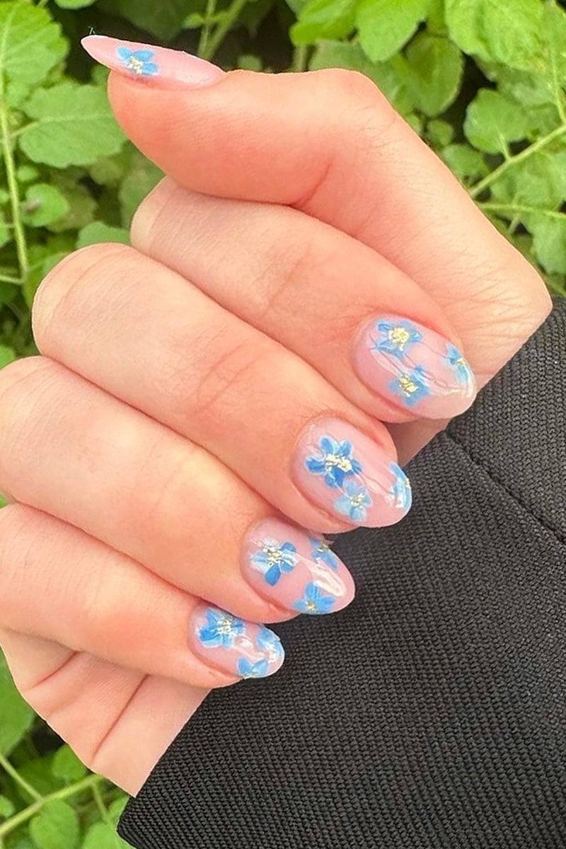 Blue Flowers With Gold Accents Clear Almond Nails Blue Flowers With Gold Accents Clear Almond Nails — Floral Nails