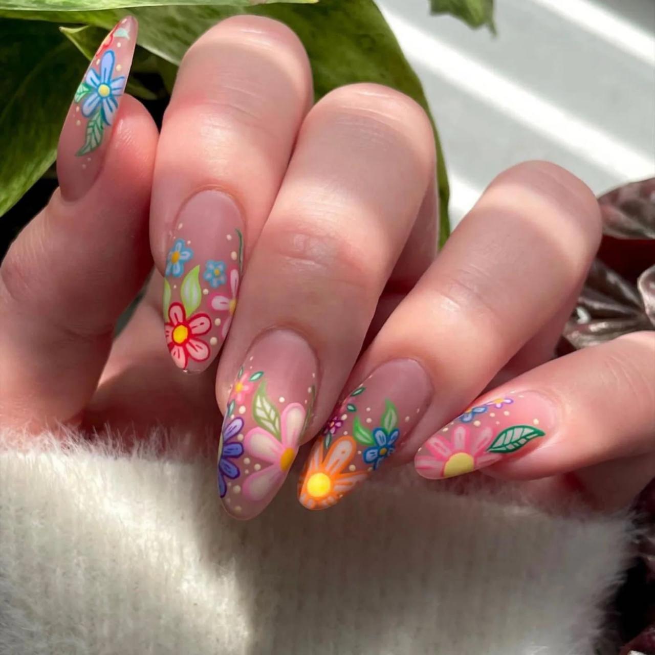 Vibrant Floral Designs Long Almond Nails Vibrant Floral Designs Long Almond Nails — Floral Nails