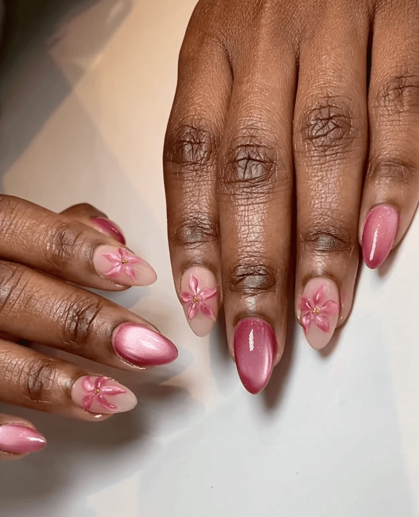 Metallic Gradient With 3D Flowers Long Stiletto Nails Metallic Gradient With 3D Flowers Long Stiletto Nails — Floral Nails