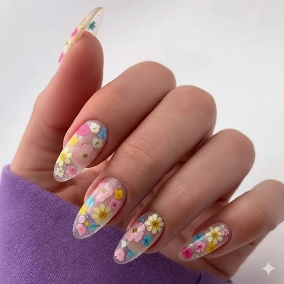 Pressed Flowers Embedded Long Stiletto Nails Pressed Flowers Embedded Long Stiletto Nails — Floral Nails