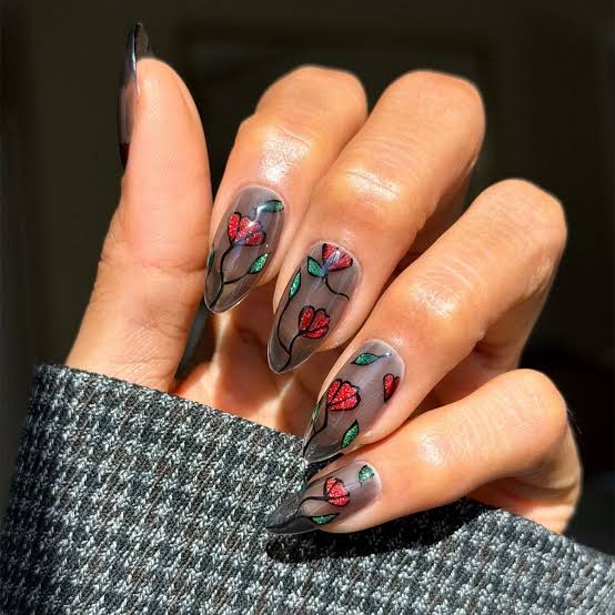 Gothic Red Floral Outline Sheer Black Long Almond Nails Gothic Red Floral Outline Sheer Black Long Almond Nails — Floral Nails