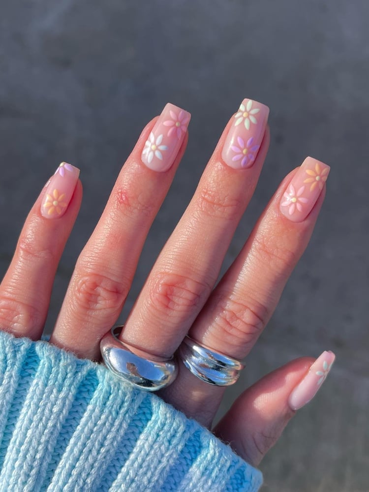 Pastel Floral Accent Sheer Pink Square Nails Pastel Floral Accent Sheer Pink Square Nails — Floral Nails