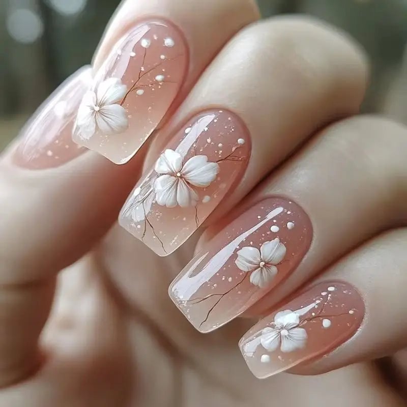 Long Coffin Glossy Nude Pink Gradient 3D Flowers Long Coffin Glossy Nude Pink Gradient 3D Flowers — Flower Nails