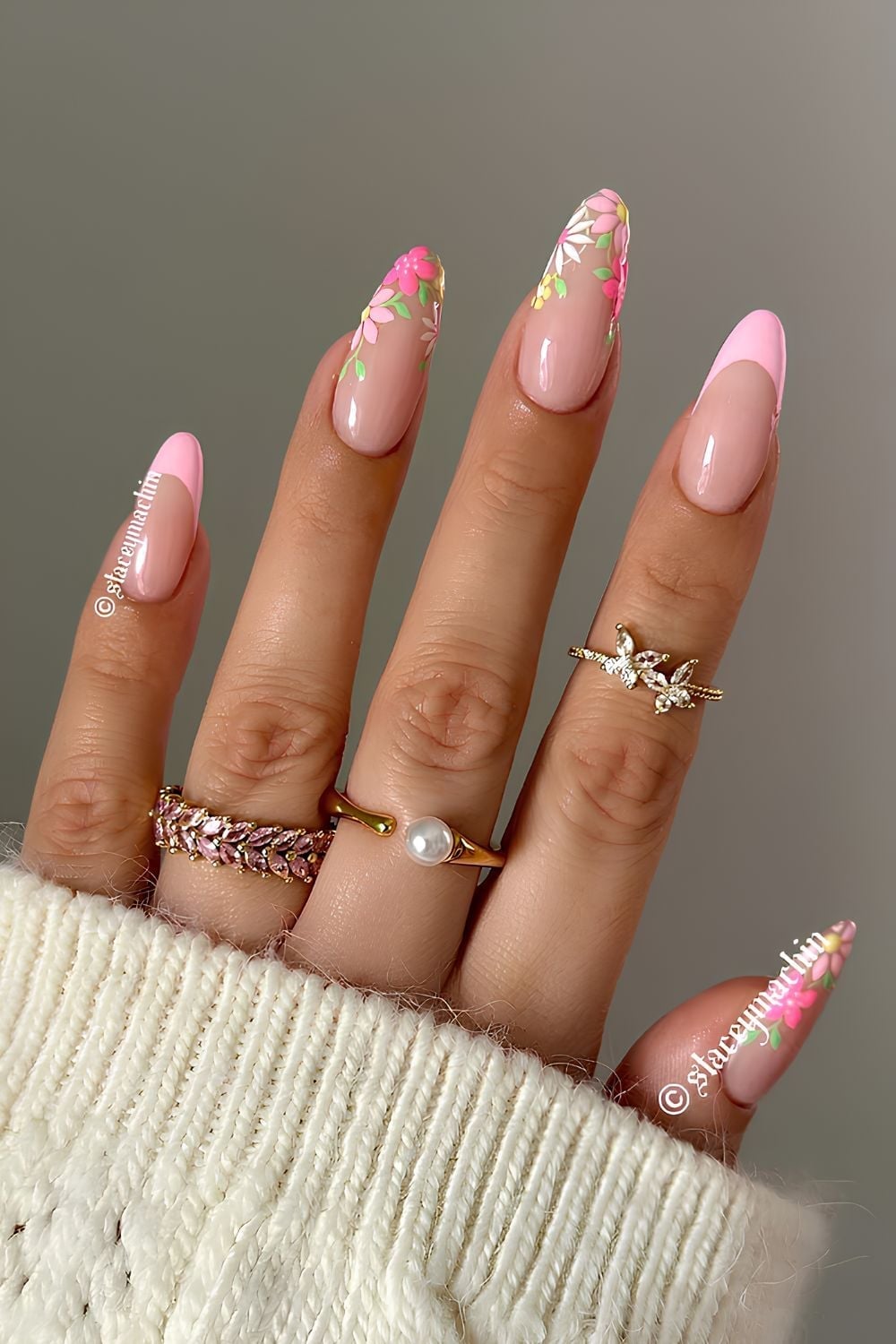 Medium Almond Pink French Floral Tip Design Medium Almond Pink French Floral Tip Design — Flower Nails