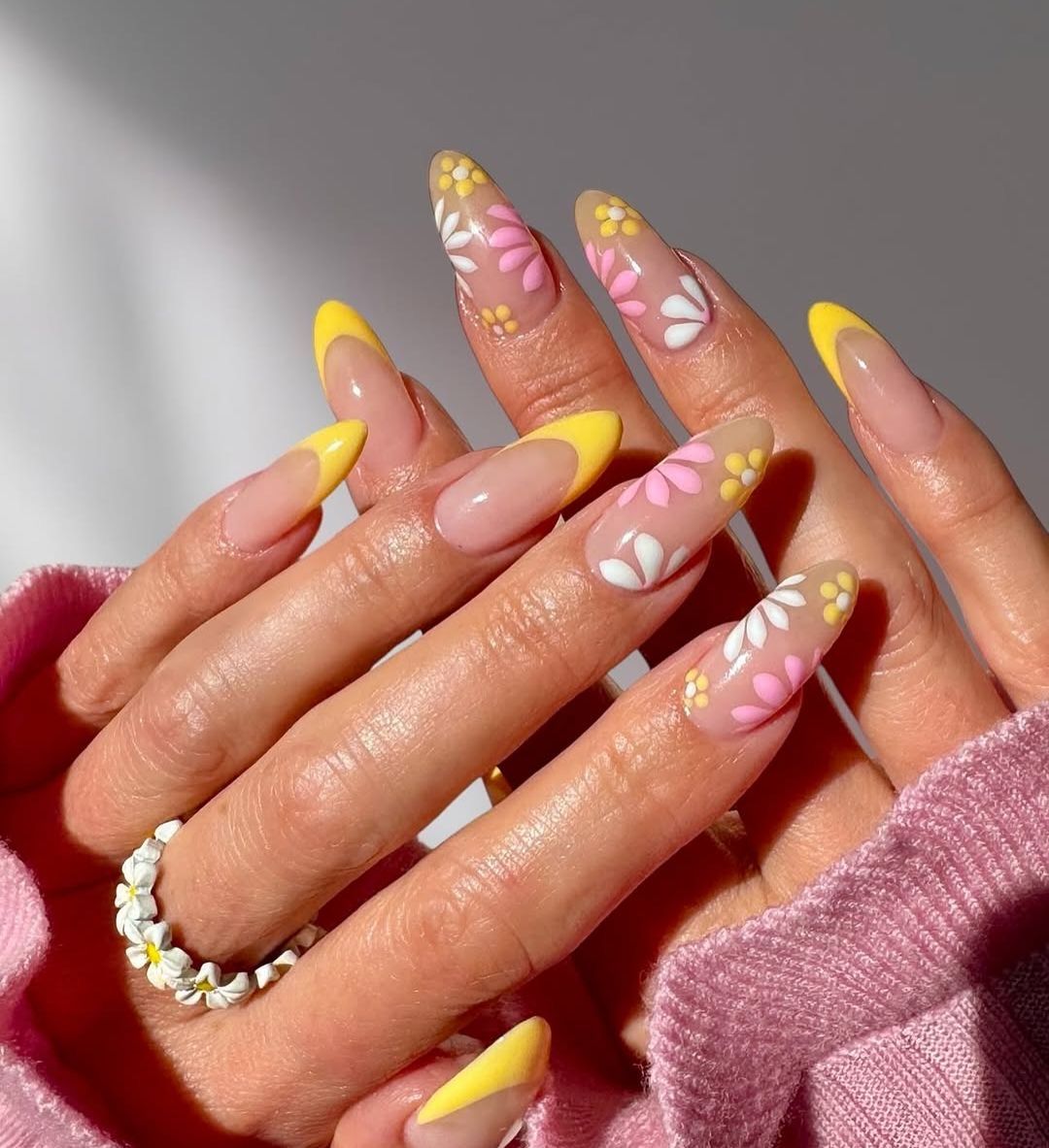 Long Almond Nude Yellow French Floral Motifs Long Almond Nude Yellow French Floral Motifs — Flower Nails