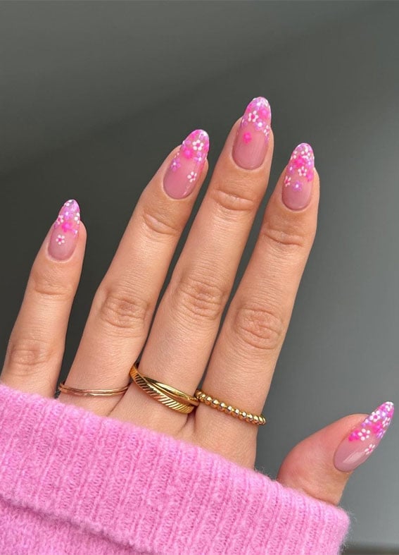 Short Oval Sheer Pink Bright Pink Floral Accents Short Oval Sheer Pink Bright Pink Floral Accents — Flower Nails