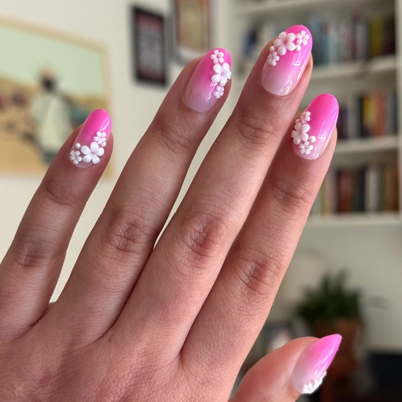 Medium Almond Pink White Gradient 3D White Flowers Medium Almond Pink White Gradient 3D White Flowers — Flower Nails