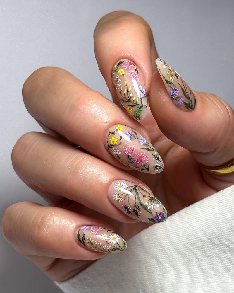Medium Almond Sheer Nude Colorful Fine-Line Floral Art Medium Almond Sheer Nude Colorful Fine-Line Floral Art — Flower Nails