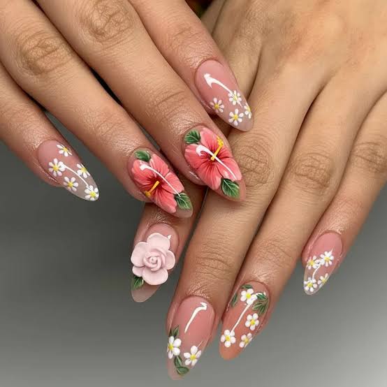 Long Almond Beige 3D Coral White Flowers Long Almond Beige 3D Coral White Flowers — Flower Nails