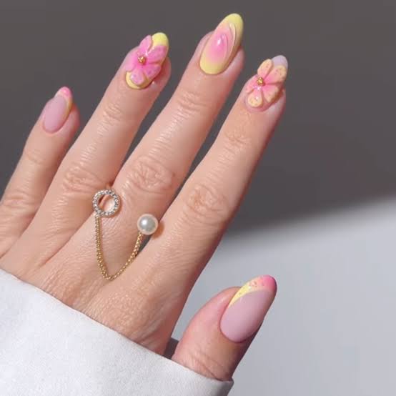 Medium Oval Pink Yellow Gradient 3D Flowers French Tips Medium Oval Pink Yellow Gradient 3D Flowers French Tips — Flower Nails
