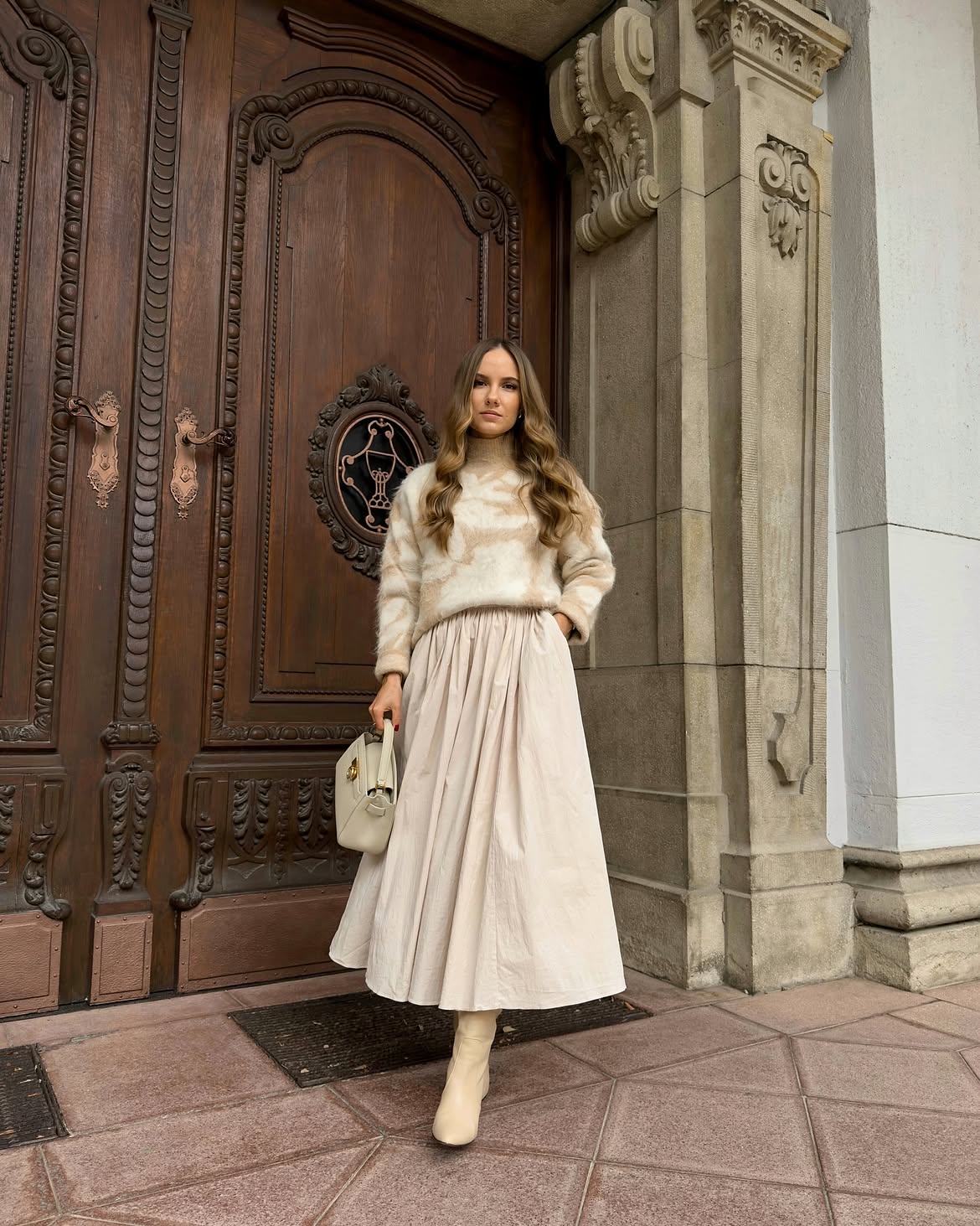 Fluffy Knit Sweater And Midi Skirt Winter Look