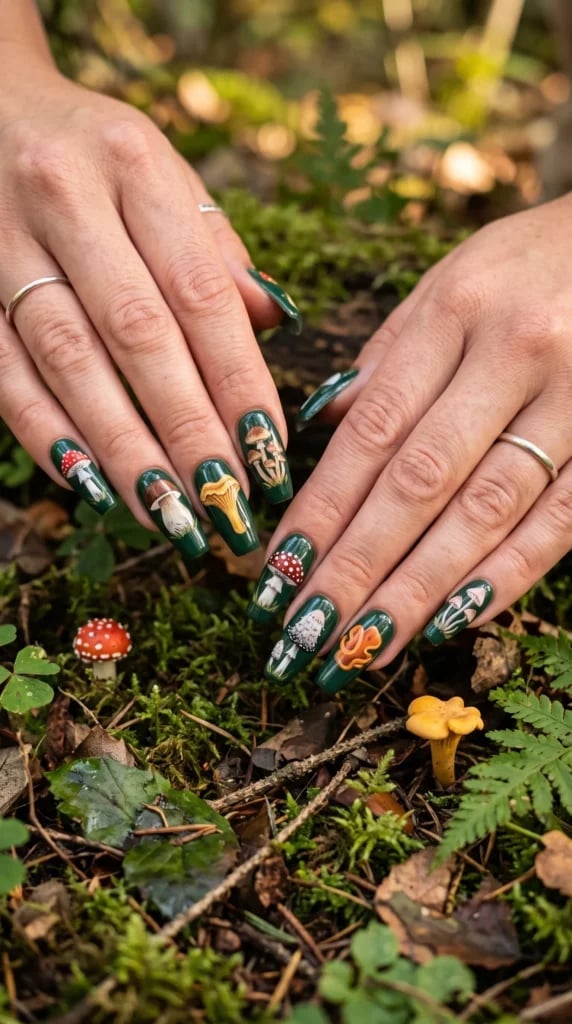 Long Coffin Nails With Mushroom Art Long Coffin Nails With Mushroom Art — Forest Green Nails