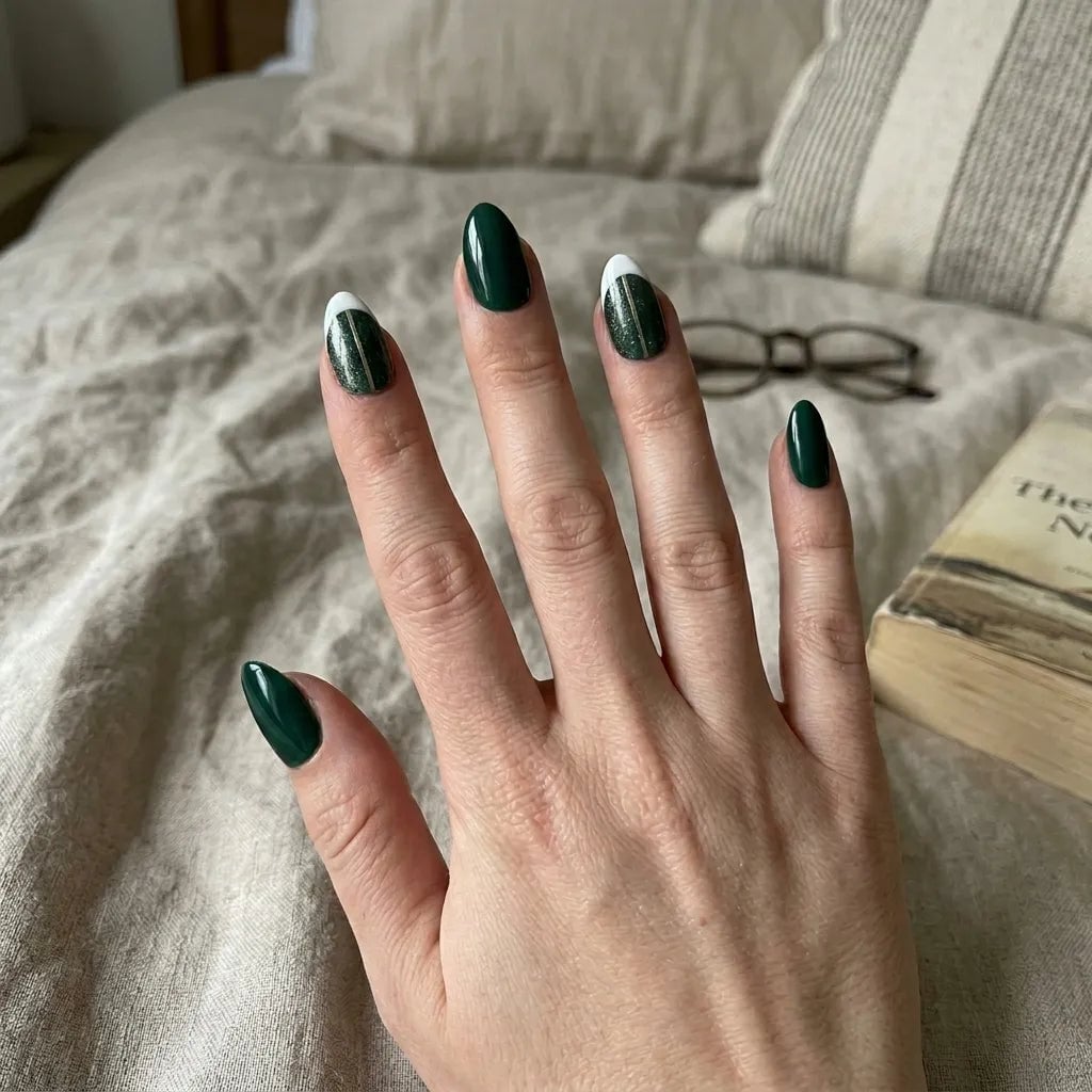 Medium Almond Green With White French Tips Medium Almond Green With White French Tips — Forest Green Nails