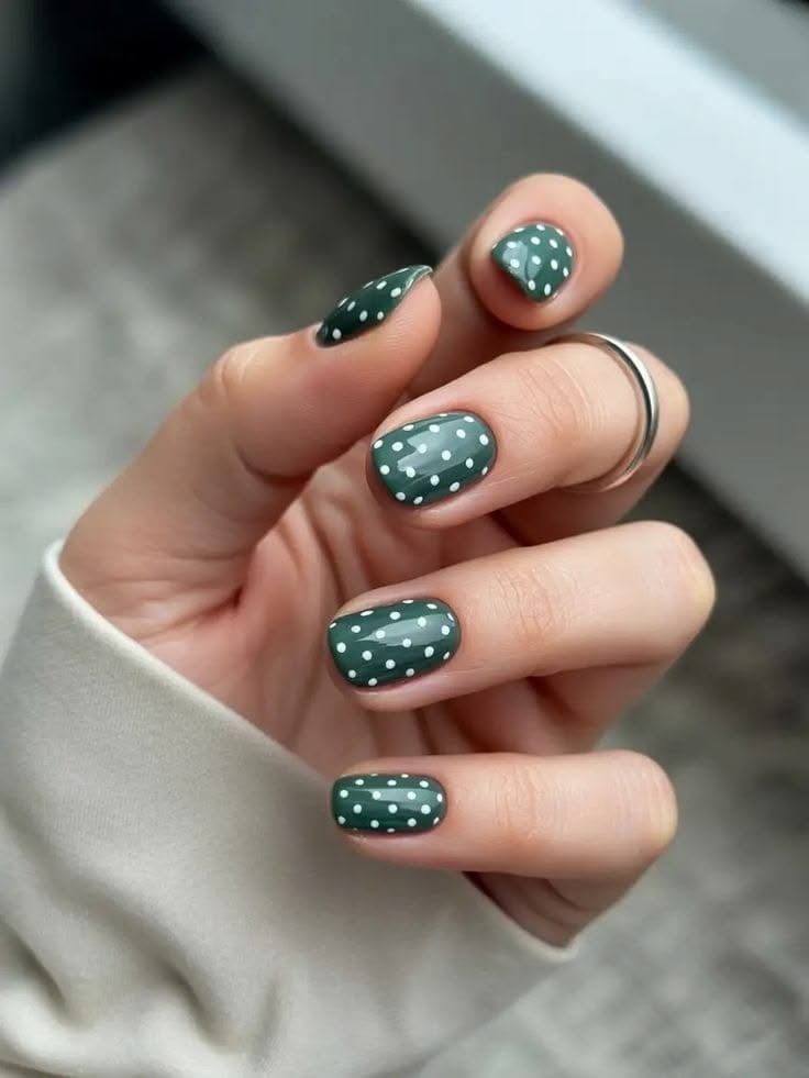 Short Oval Dark Green With White Polka Dots, Close-Up Take Short Oval Dark Green With White Polka Dots, Close-Up Take — Forest Green Nails