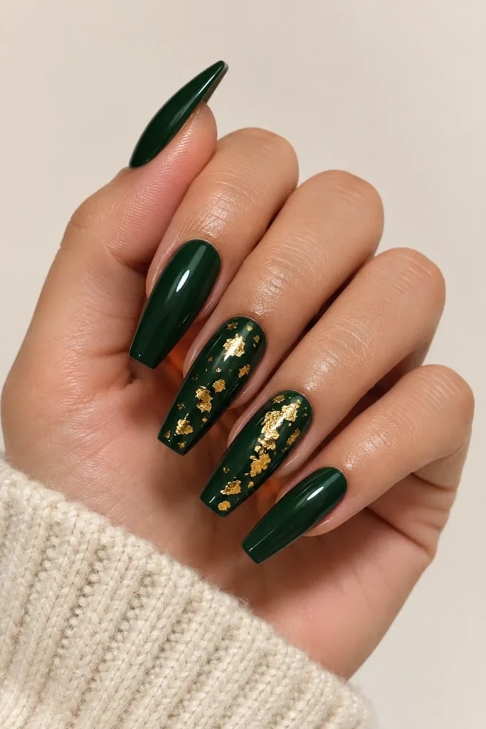 Long Coffin Forest Green With Gold Foil Long Coffin Forest Green With Gold Foil — Forest Green Nails