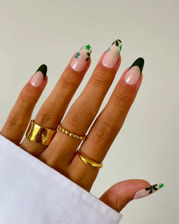 Long Almond Green Floral French Manicure Long Almond Green Floral French Manicure — Forest Green Nails