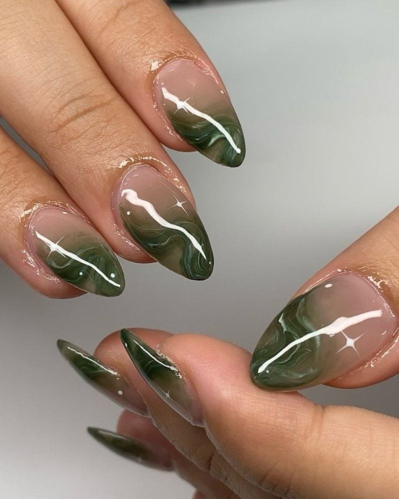 Long Almond Green Marble With White Lines Long Almond Green Marble With White Lines — Forest Green Nails
