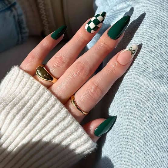 Long Almond French With Checkerboard Bow Art Long Almond French With Checkerboard Bow Art — Forest Green Nails