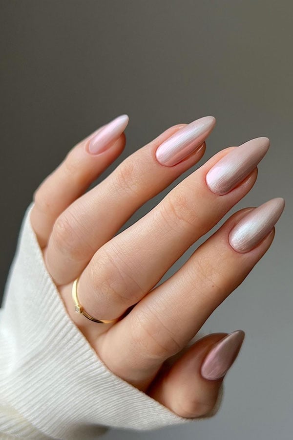 Pale Pink Pearlescent Shimmer Medium Almond Nails Pale Pink Pearlescent Shimmer Medium Almond Nails — Formal Nails