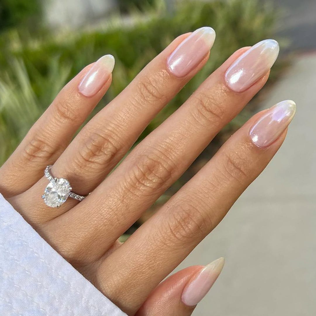 Sheer Nude Milky White Shimmer Medium Almond Nails Sheer Nude Milky White Shimmer Medium Almond Nails — Formal Nails