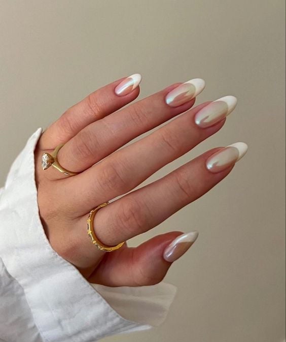 Milky White Pearlescent French Medium Almond Nails Milky White Pearlescent French Medium Almond Nails — Formal Nails