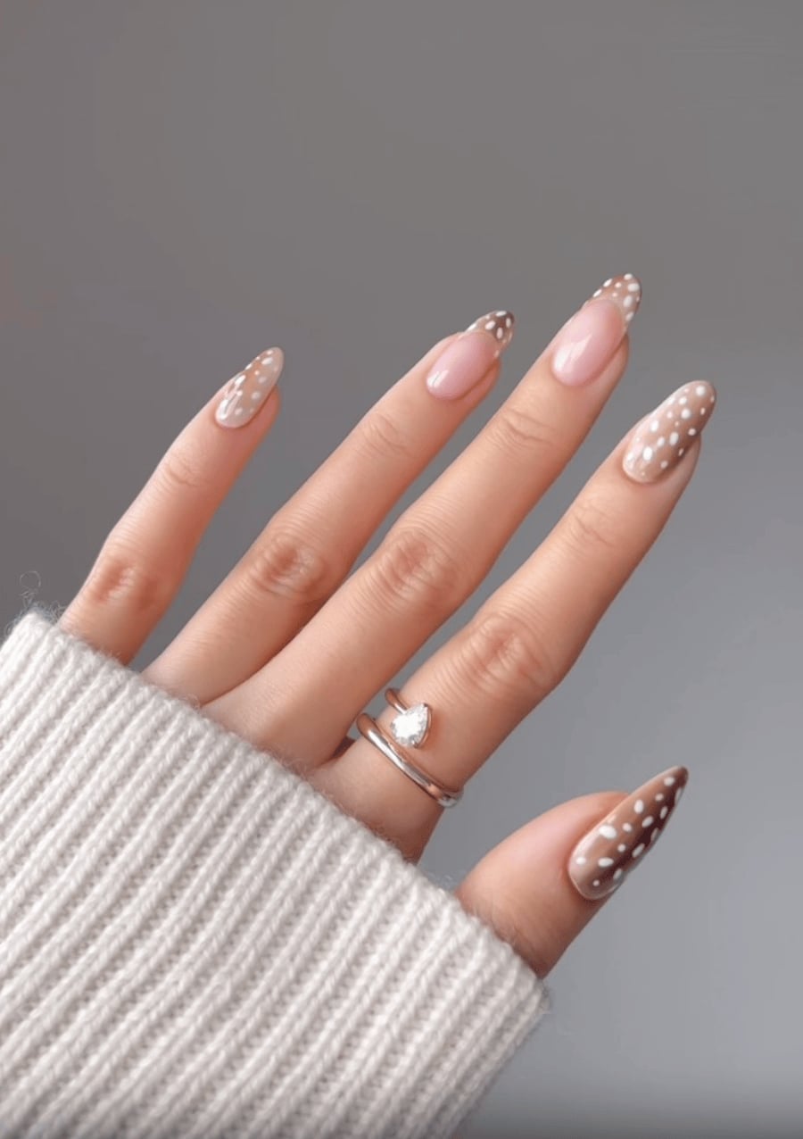 Nude French Polka Dot Accent Medium Almond Nails Nude French Polka Dot Accent Medium Almond Nails — Formal Nails