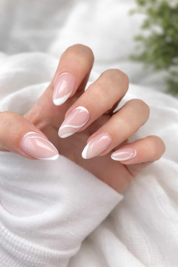 Sheer Pink Abstract White Line Medium Almond Nails Sheer Pink Abstract White Line Medium Almond Nails — Formal Nails