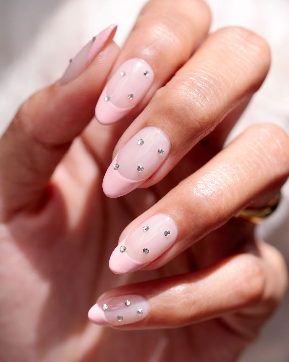 Pink French Rhinestone Accent Medium Almond Nails Pink French Rhinestone Accent Medium Almond Nails — Formal Nails