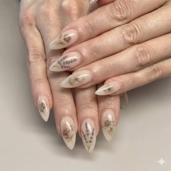 Sheer Nude Pastel Floral Medium Almond Nails Sheer Nude Pastel Floral Medium Almond Nails — Formal Nails