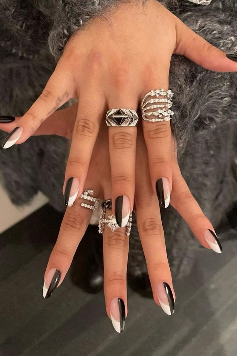 Black White Half Moon French Long Almond Nails Black White Half Moon French Long Almond Nails — Formal Nails