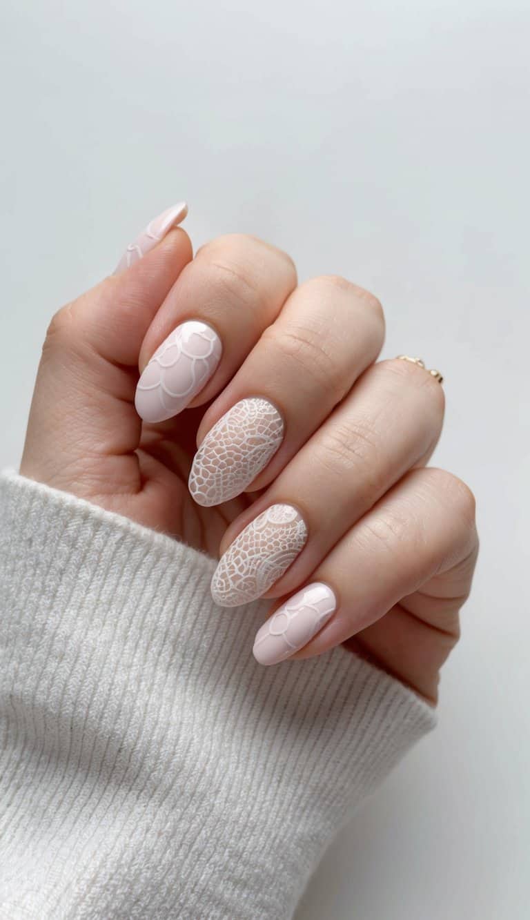 Matte Pale Pink Lace Pattern Short Oval Nails Matte Pale Pink Lace Pattern Short Oval Nails — Formal Nails