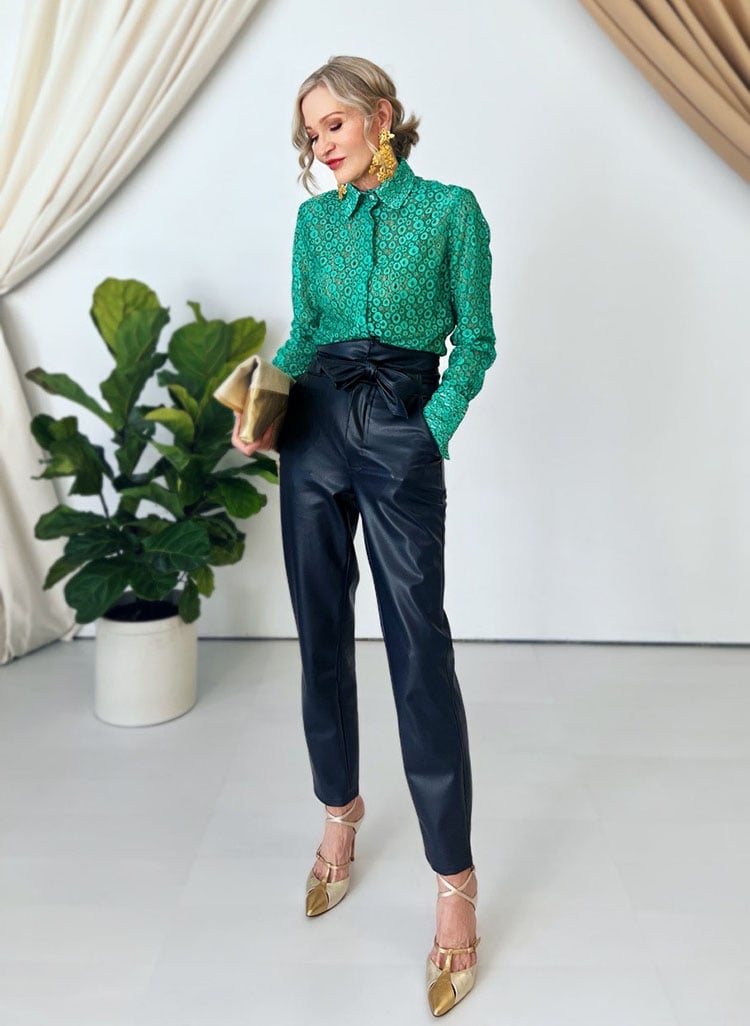 Green Lace Shirt with Black Faux Leather Trousers Green Lace Shirt with Black Faux Leather Trousers — Formal Outfits