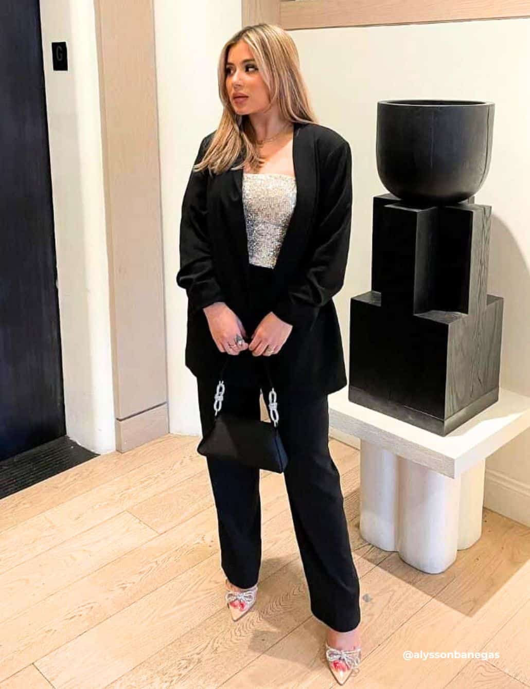 Black Blazer with Silver Sequin Top and Trousers Black Blazer with Silver Sequin Top and Trousers — Formal Outfits