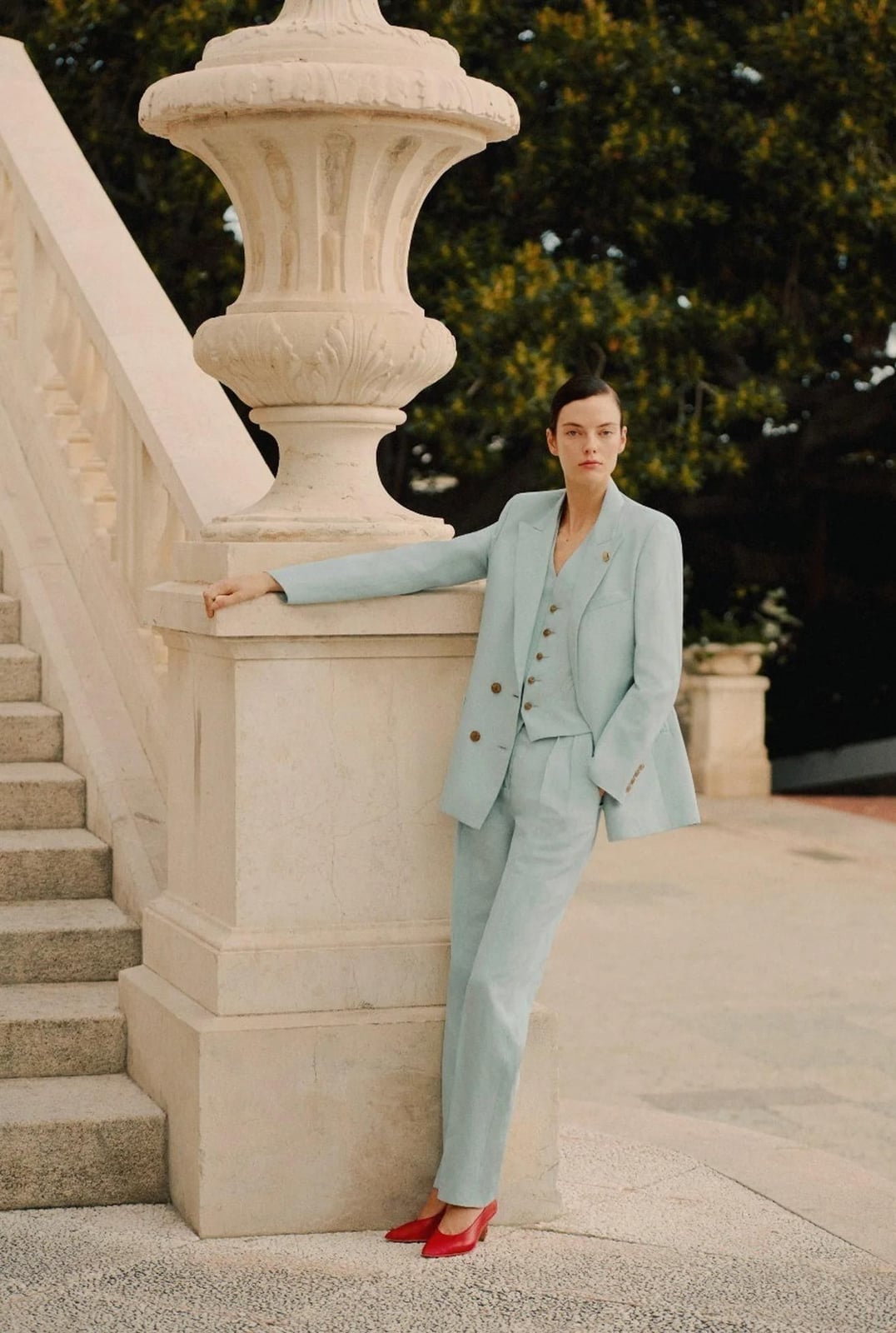 Pastel Blue Linen Suit with Red Heels Pastel Blue Linen Suit with Red Heels — Formal Outfits
