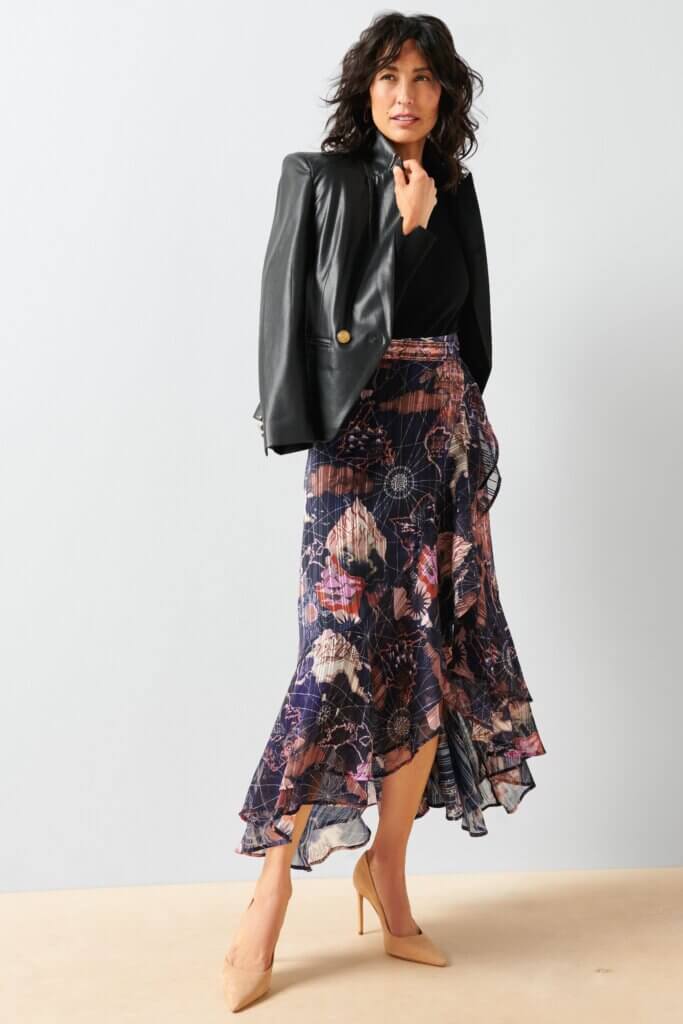 Black Leather Blazer with Patterned Ruffled Skirt Black Leather Blazer with Patterned Ruffled Skirt — Formal Outfits
