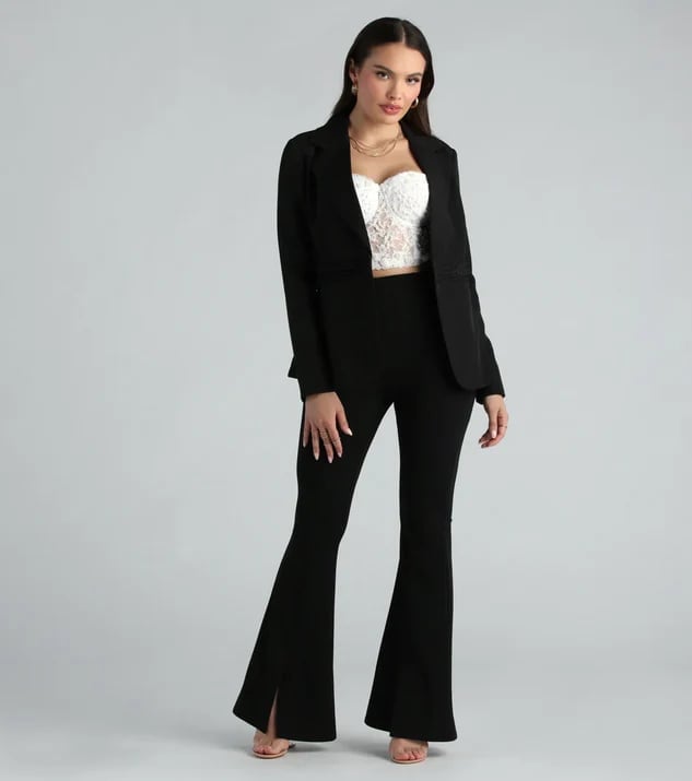 White Lace Corset Top with Black Blazer and Flared Pants White Lace Corset Top with Black Blazer and Flared Pants — Formal Outfits